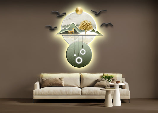 Bonsai ağacı ve Geyik Figürlü Asma Işık Detaylı Dekoratif Duvar Tablosu (90 cm × 90 cm)