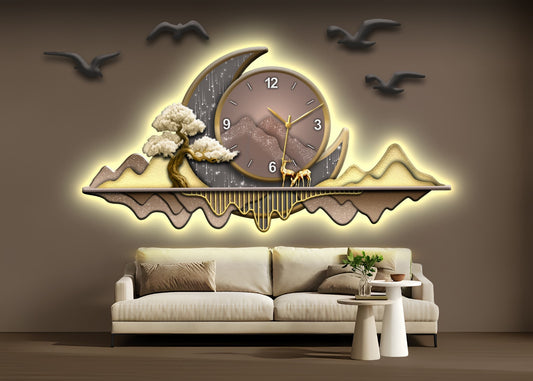 Saat Detaylı Ay Formlu bonsai ağacı ve Geyik Figürlü Işıklı Duvar Tablosu (120 cm x 55 cm)