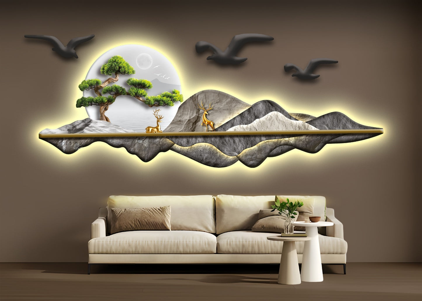 Yeşil bonsai ağacı ve Geyik Figürlü Işıklı Dağ Duvar Tablosu (120 cm × 45 cm)