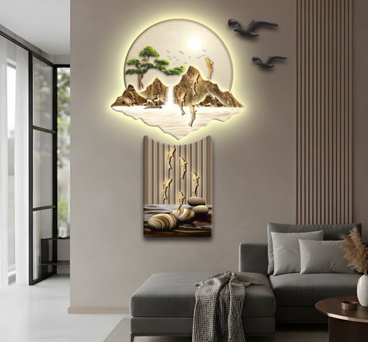 Balık ve Şelale Detaylı Işıklı Doğa Temalı Duvar Tablosu  (70 cm × 115 cm)