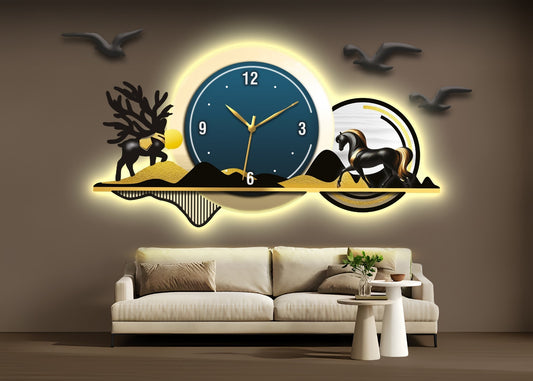At ve Geyik Figürlü Saat Tasarımlı Işıklı Modern Duvar Tablosu  (115 cm x 55 cm)