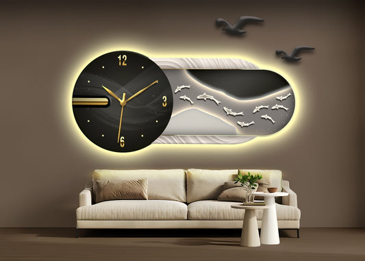 Siyah Saat Tasarımlı Balık Figürlü Işıklı Modern Duvar Tablosu  (115 cm x 60 cm)