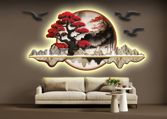 Kırmızı bonsai ağacı Detaylı Işıklı Dağ Manzarası Duvar Tablosu (108 cm × 53 cm)