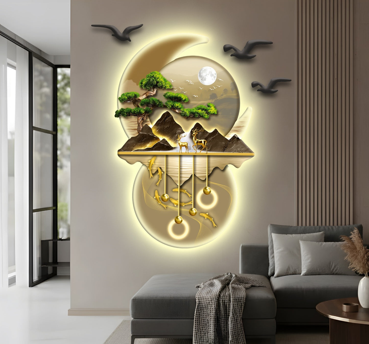 Ay Işığında Orman ve Geyik Figürlü Işıklı Duvar Tablosu (95 cm × 100 cm)