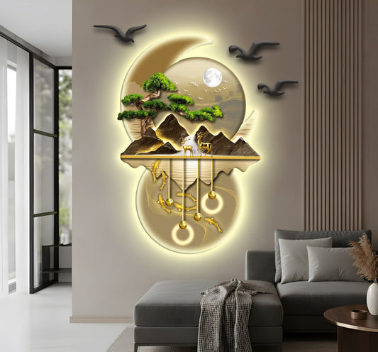 Ay Işığında Orman ve Geyik Figürlü Işıklı Duvar Tablosu (95 cm × 100 cm)