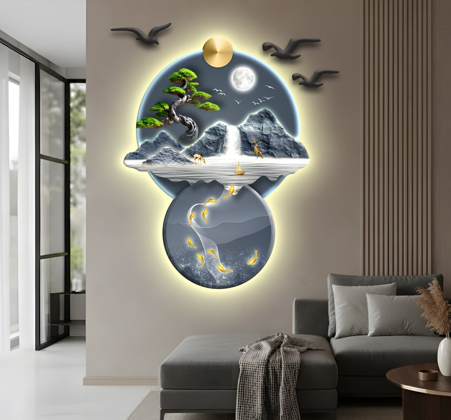 Altın Ufukta Doğanın Ahengi Işıklı Duvar Tablosu (95 cm × 110 cm )