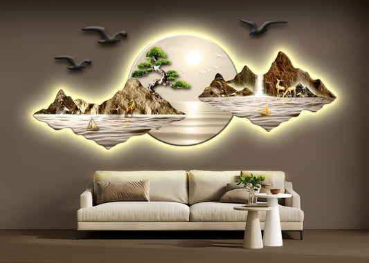 Güneş Işığında Şelale ve Geyik Figürlü Işıklı Duvar Tablosu (145 cm × 60 cm)