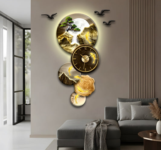 Ay Tonlarında  Saat ve Altın Balık Figürlü Işıklı Duvar Tablosu (85 cm x 140 cm)