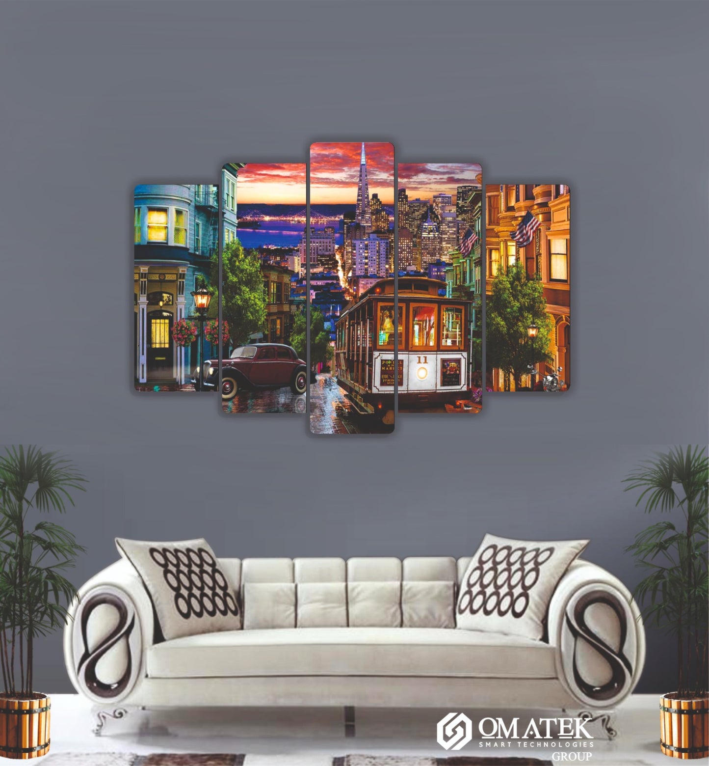 Gün Batımında Şehir Tramvayı Temalı Sanatsal 5 Parçalı MDF Duvar Tablosu (70cm x 100cm)