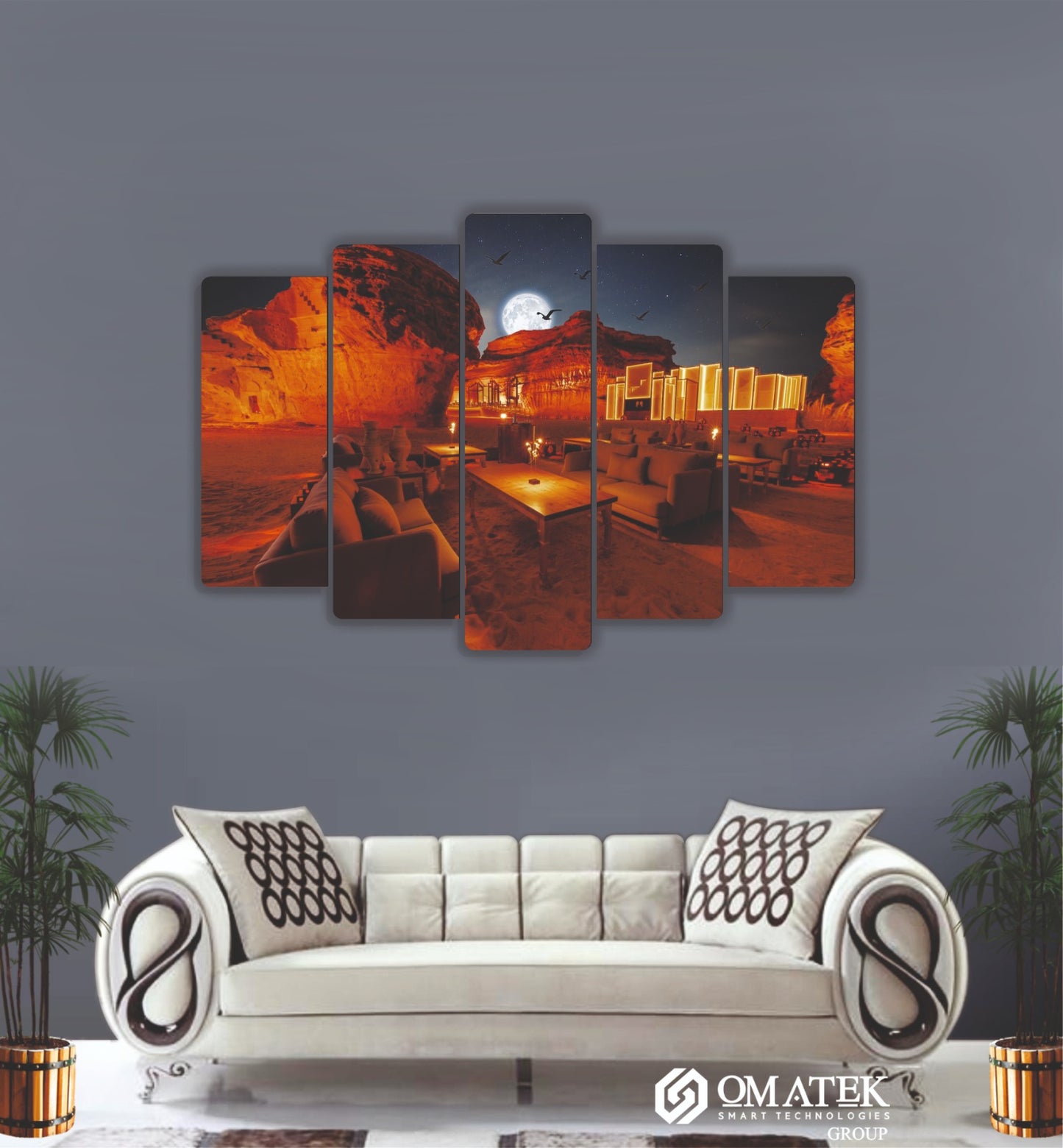 Ay Işığında Çöl Kampı Temalı Sanatsal 5 Parçalı MDF Duvar Tablosu (70cm x 100cm)