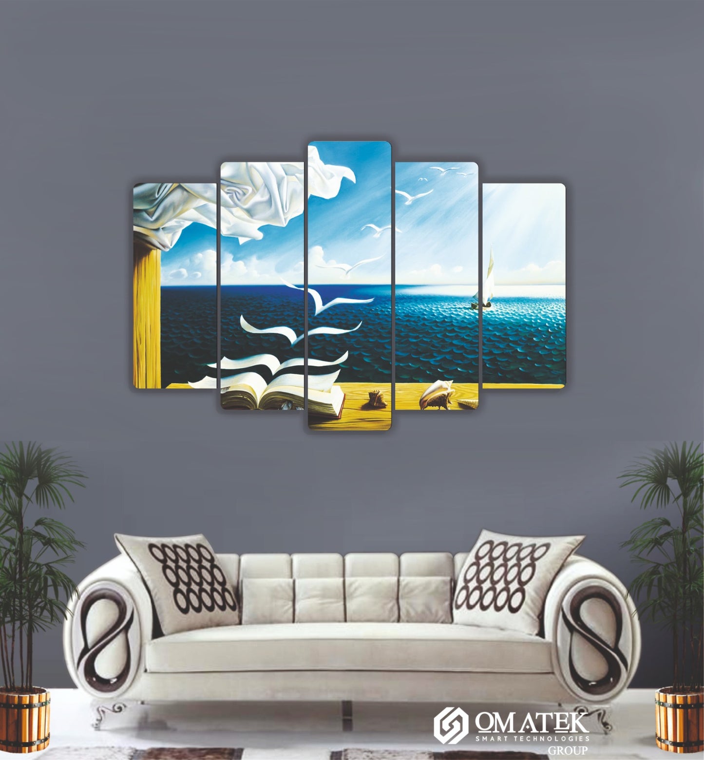 Deniz ve Kitap Temalı Sanatsal 5 Parçalı MDF Duvar Tablosu (70cm x 100cm)