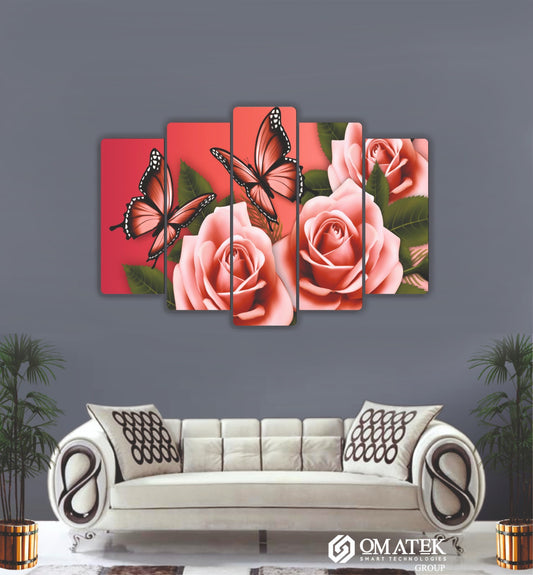 Kelebek ve Gül Temalı Sanatsal 5 Parçalı MDF Duvar Tablosu (70cm x 100cm)
