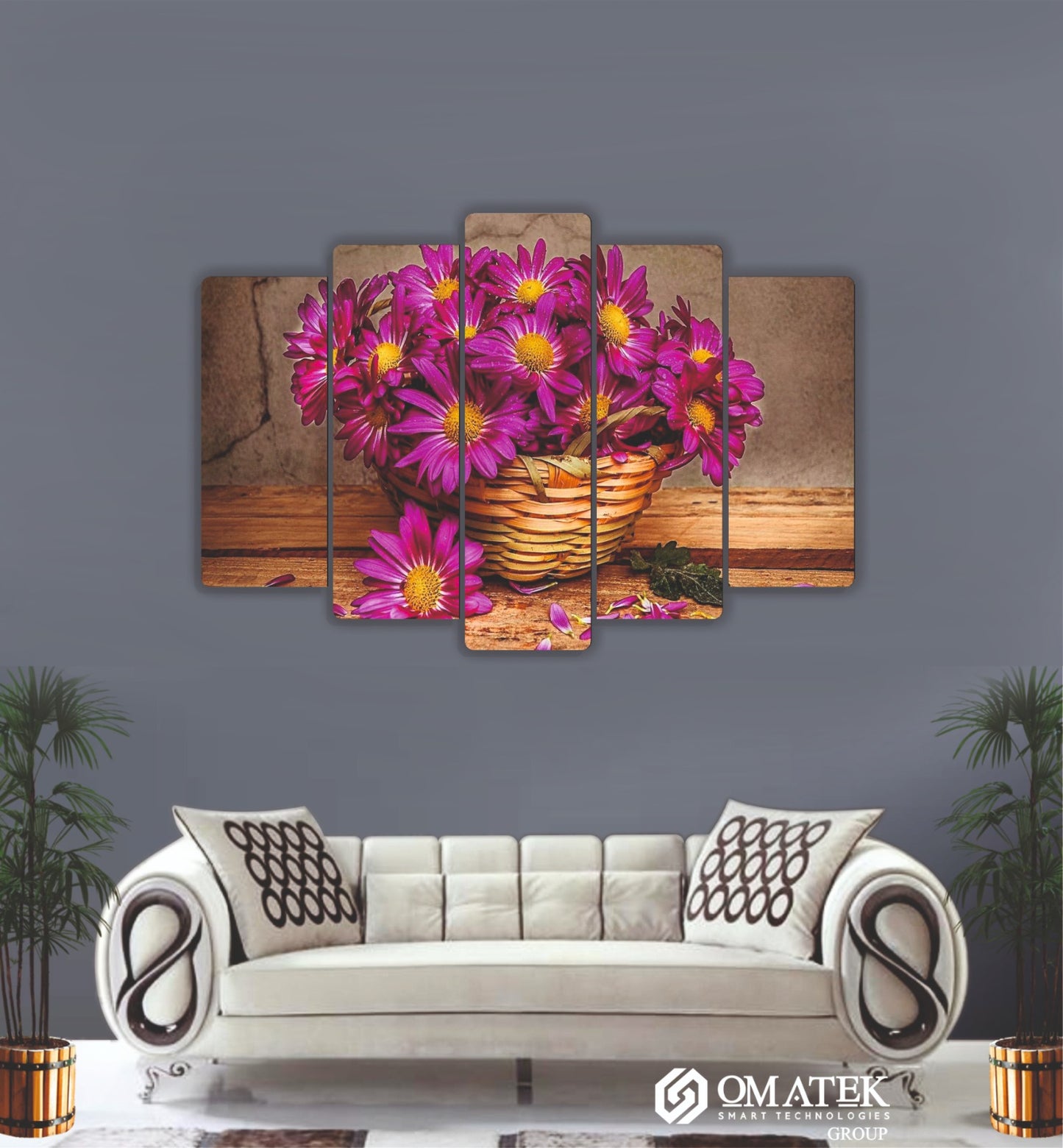 Sepet İçinde Mor Papatya Temalı 5 Parçalı MDF Duvar Tablosu (70cm x 100cm)