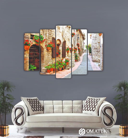 Taş Sokak ve Çiçekli Akdeniz Kasabası Temalı 5 Parçalı MDF Duvar Tablosu (70cm x 100cm)