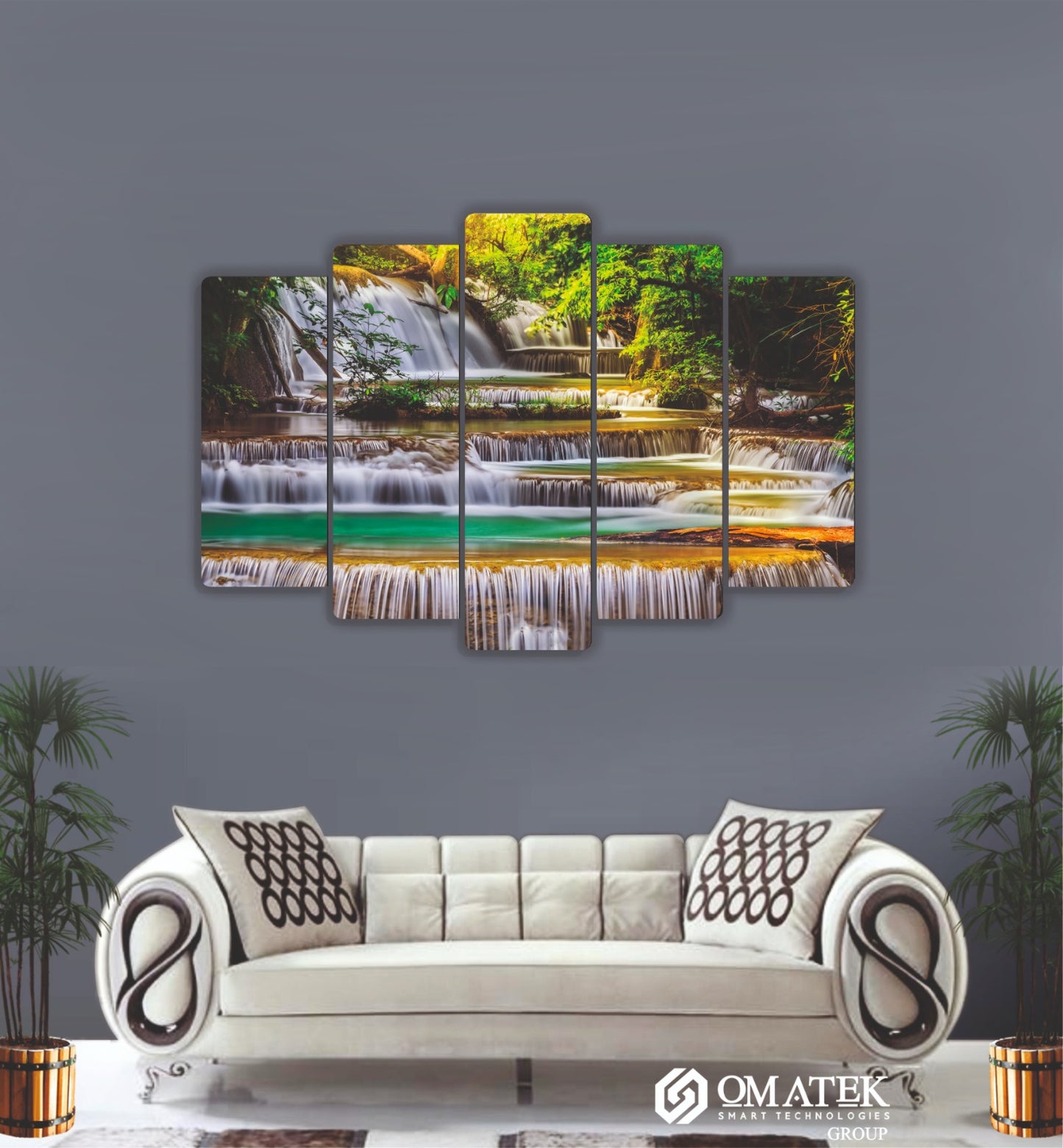 Şelale ve Doğa Manzaralı Sanatsal 5 Parçalı MDF Duvar Tablosu (70cm x 100cm)