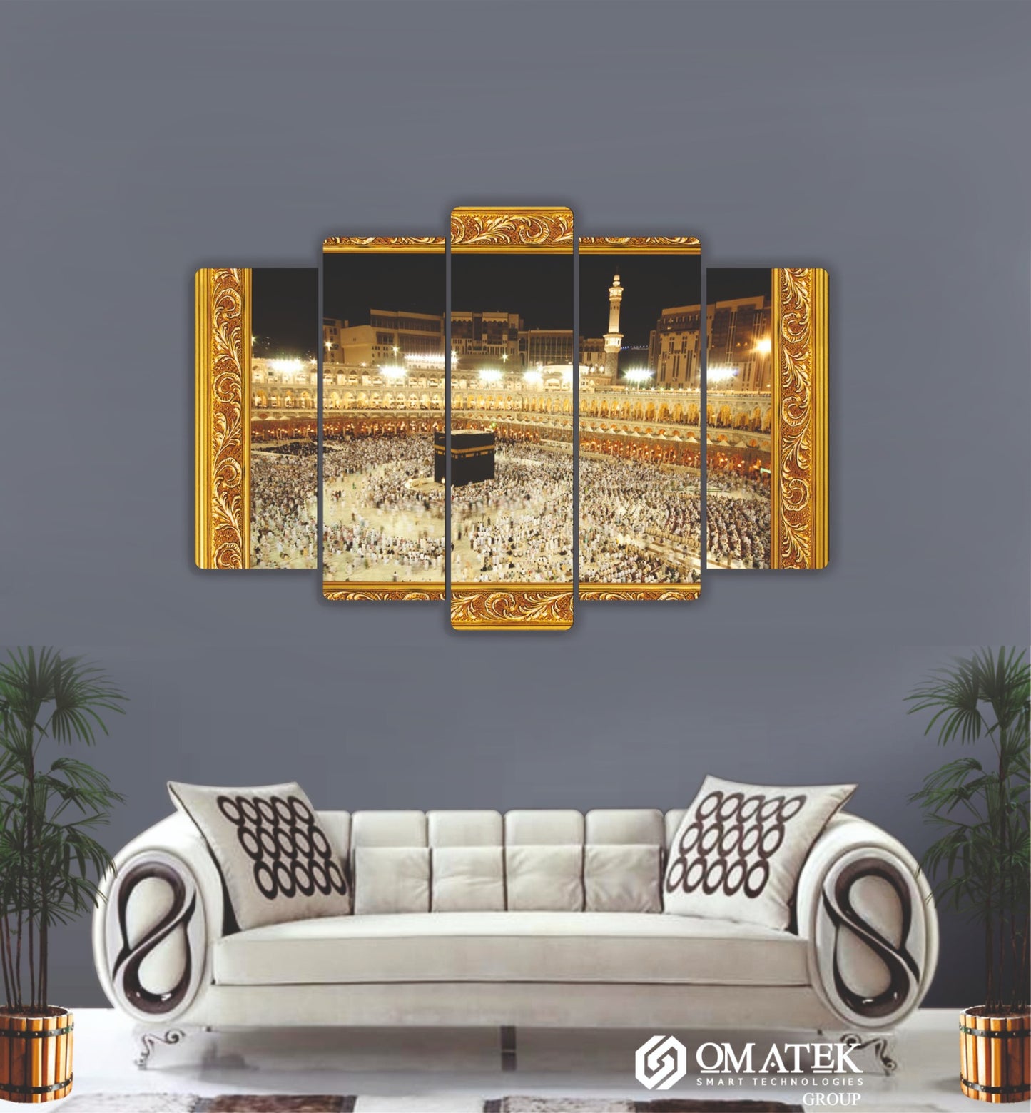 Kâbe-i Şerif Manzaralı Altın Detaylı 5 Parçalı MDF Duvar Tablosu (70cm x 100cm)