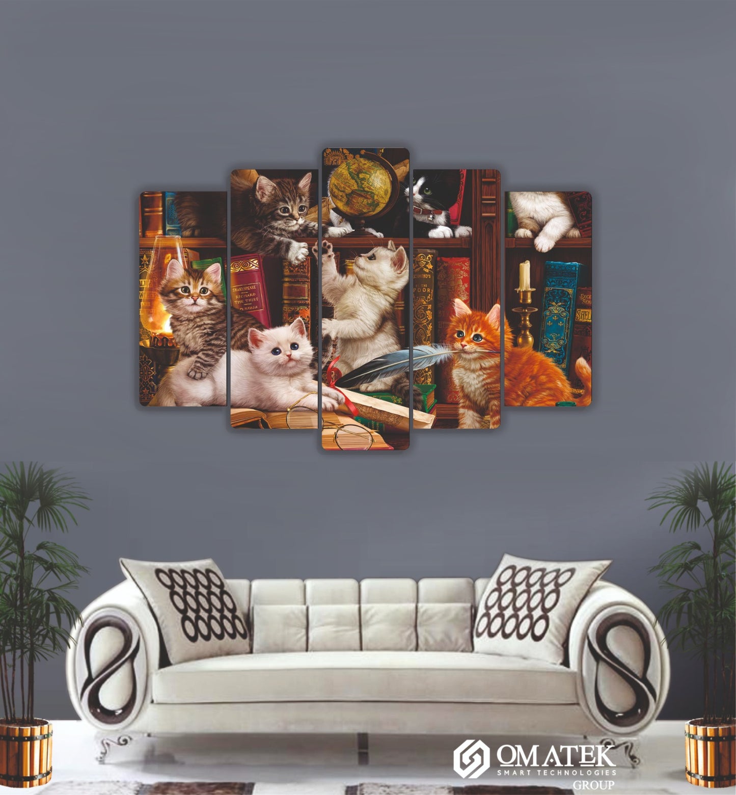 5 Parçalı Kedi Temalı MDF Duvar Tablosu (70cm x 100cm)
