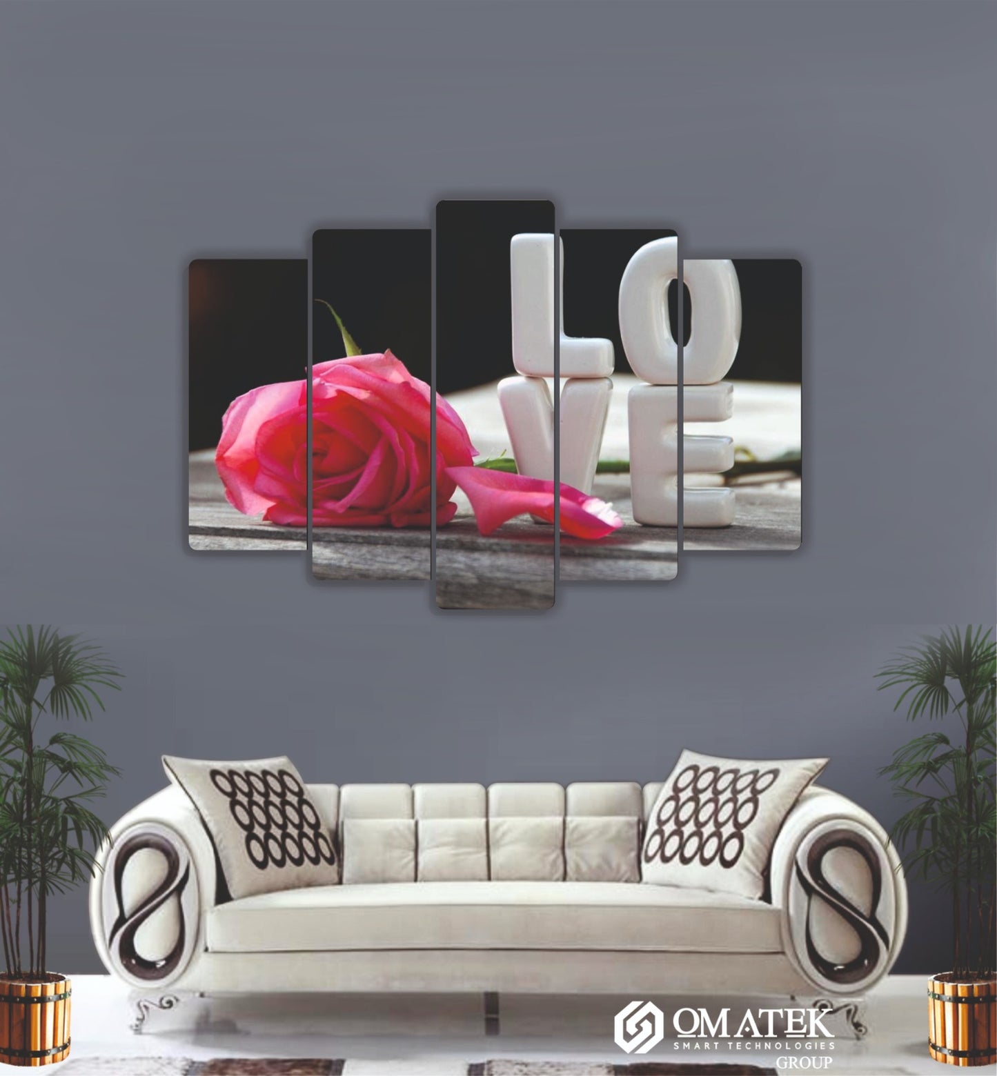 LOVE Yazılı Gül Temalı Sanatsal 5 Parçalı MDF Duvar Tablosu (70cm x 100cm)