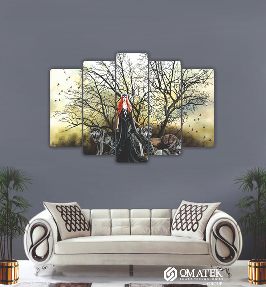 Kurt ve Fantastik Kadın Temalı Sanatsal 5 Parçalı MDF Duvar Tablosu (70cm x 100cm)