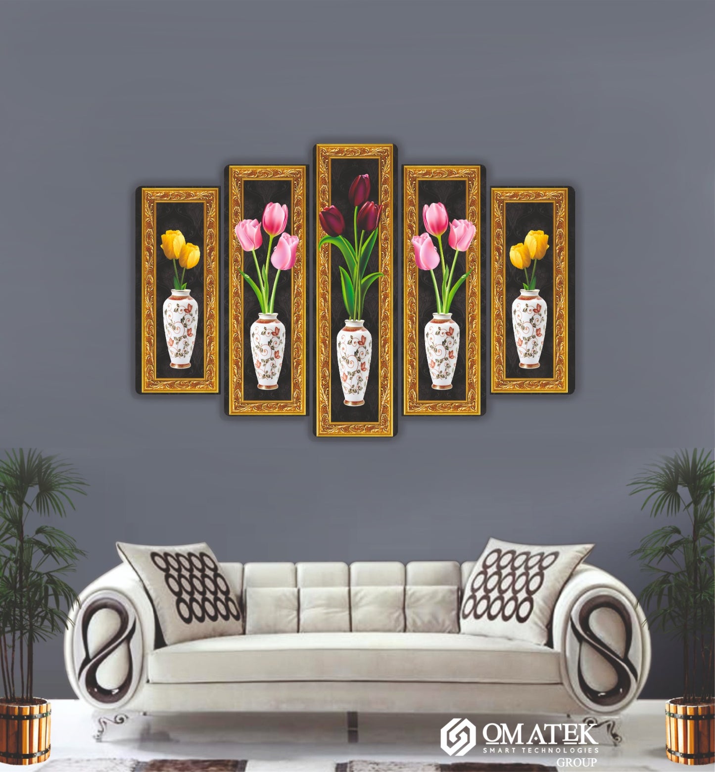 Altın Çerçeveli Lale ve Vazo Temalı Klasik 5 Parçalı MDF Duvar Tablosu (70cm x 100cm)