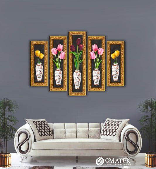 Altın Çerçeveli Lale ve Vazo Temalı Klasik 5 Parçalı MDF Duvar Tablosu (70cm x 100cm)