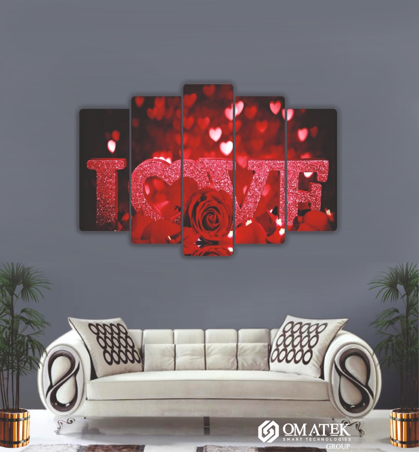 LOVE Yazılı Kalp ve Gül Temalı Romantik 5 Parçalı MDF Duvar Tablosu (70cm x 100cm)