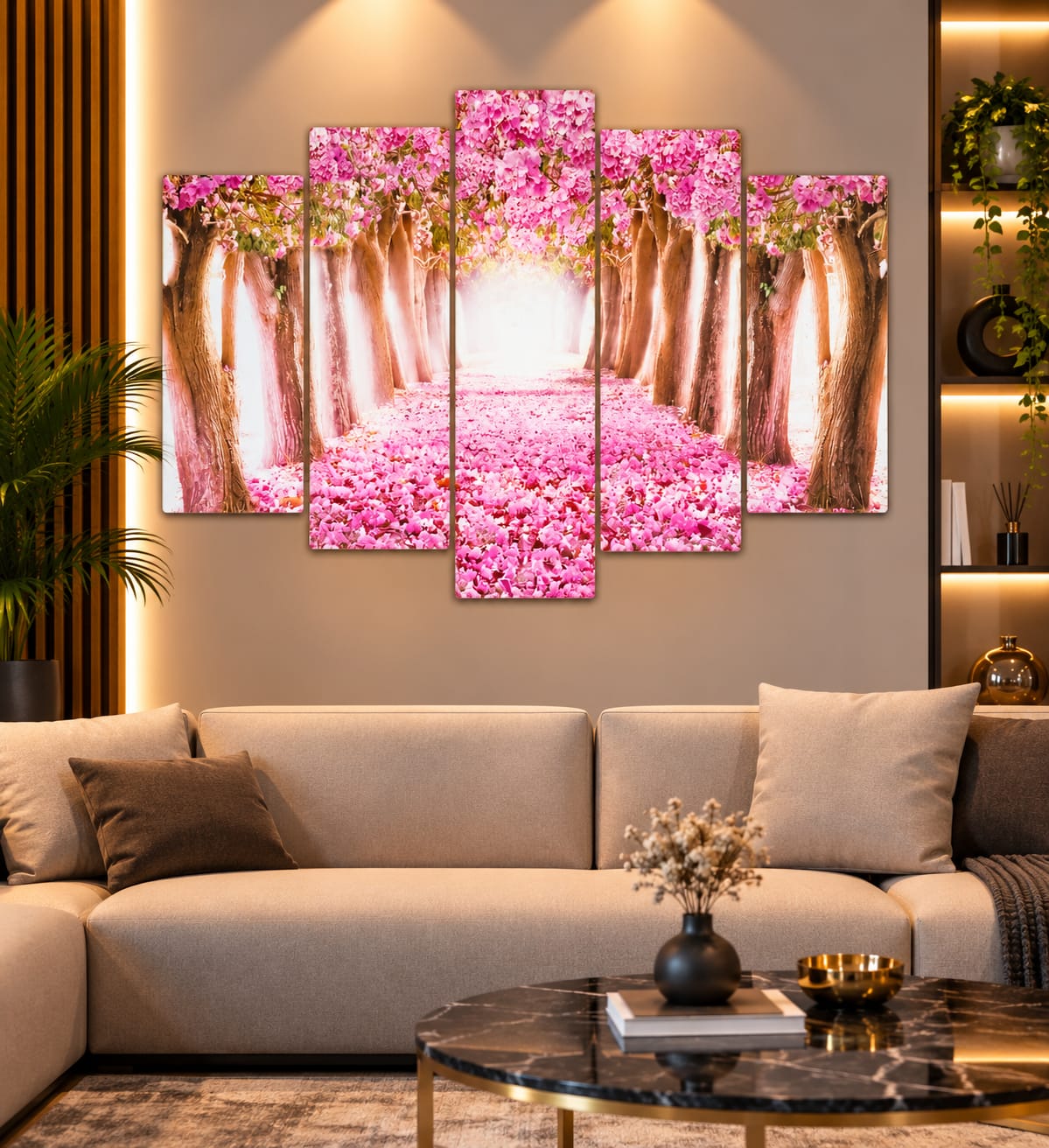 Pembe Çiçekler Yolu – 5 Parçalı MDF Tablo (70 cm x 100 cm)