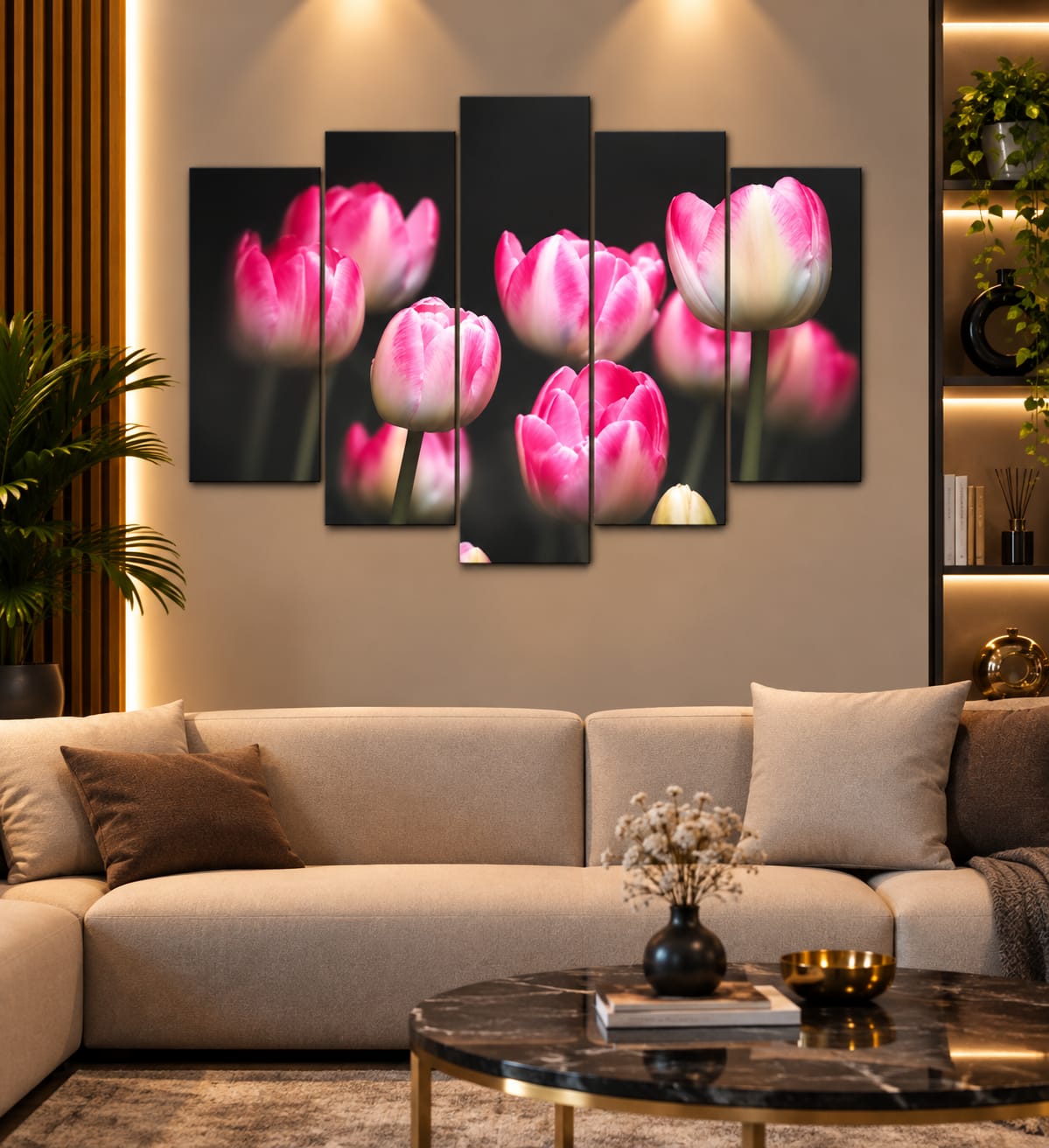 🌷 Pembe Laleler – 5 Parçalı MDF Tablo (70 cm x 100 cm)