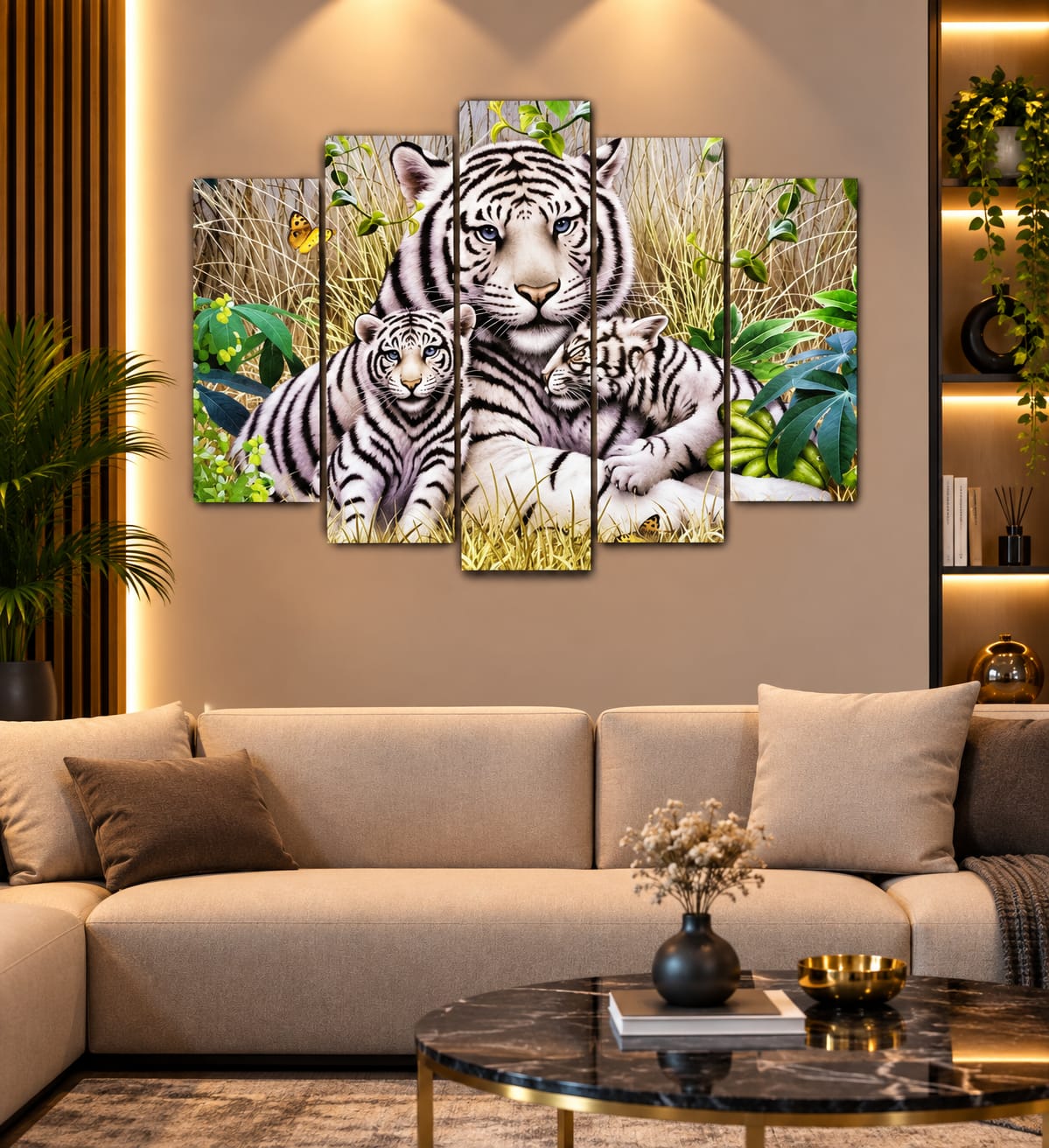 🐯 Beyaz Kaplan Ailesi – 5 Parçalı MDF Tablo (70 cm x 100 cm)