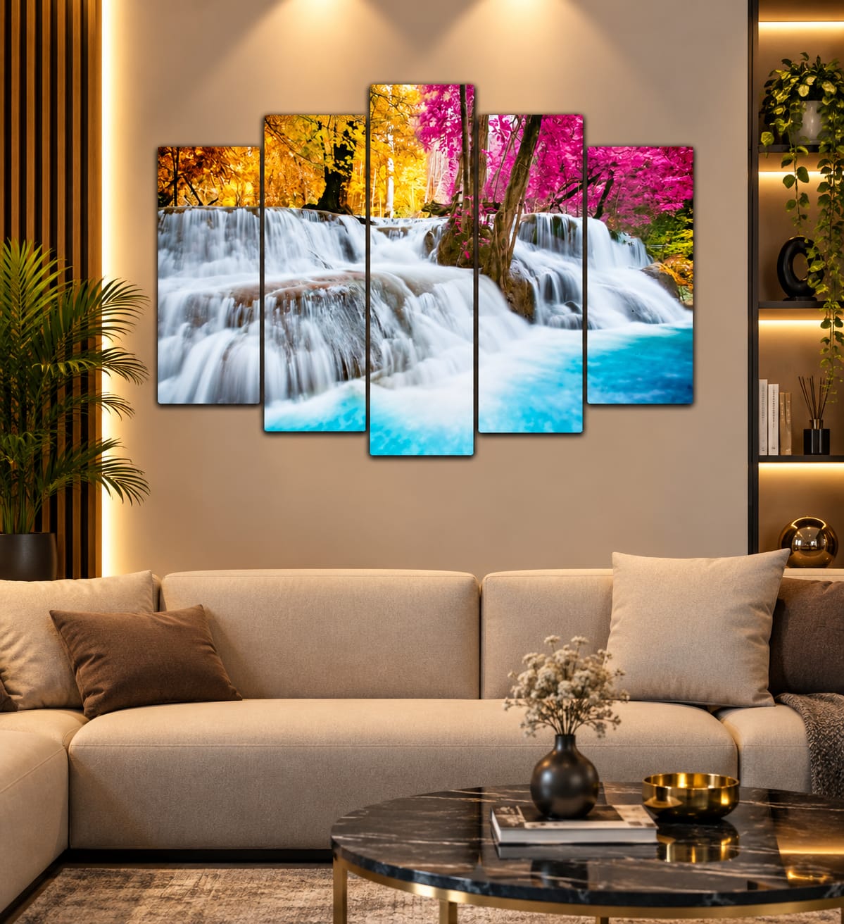 🌊 Renkli Şelale – 5 Parçalı MDF Tablo (70 cm x 100 cm)