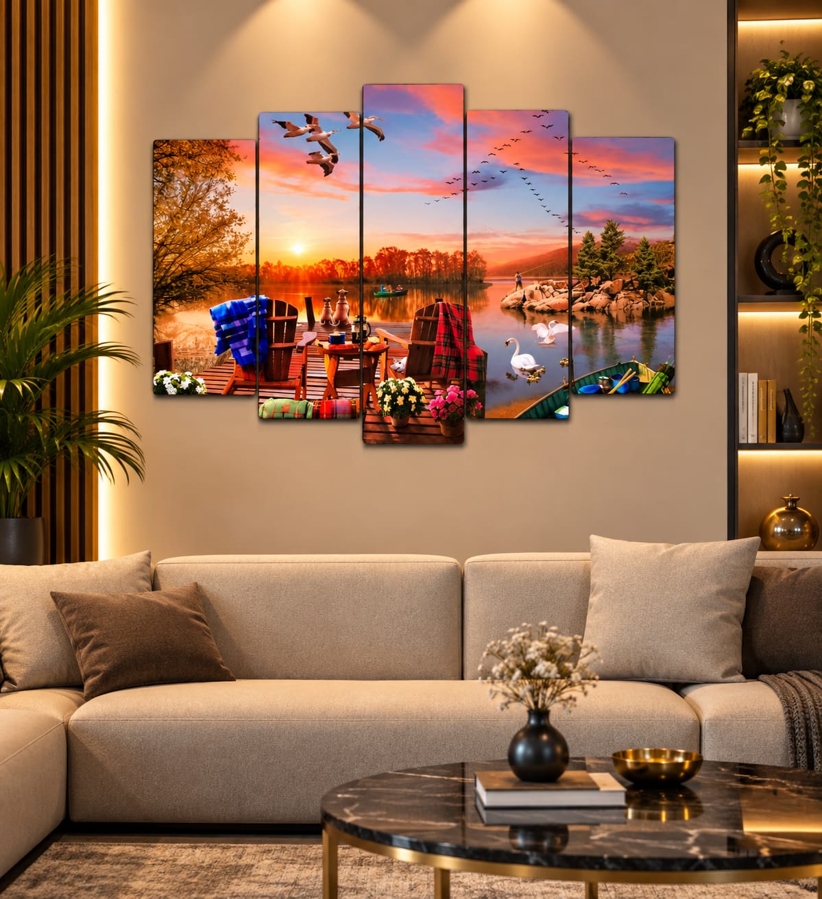 🌅 Göl Kenarında Gün Batımı – 5 Parçalı MDF Tablo (70 cm x 100 cm)