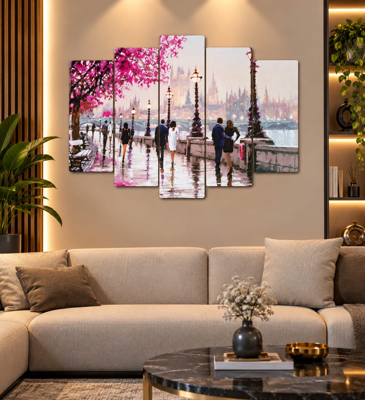 🌸 Romantik Şehir Yürüyüşü – 5 Parçalı MDF Tablo (70 cm x 100 cm)