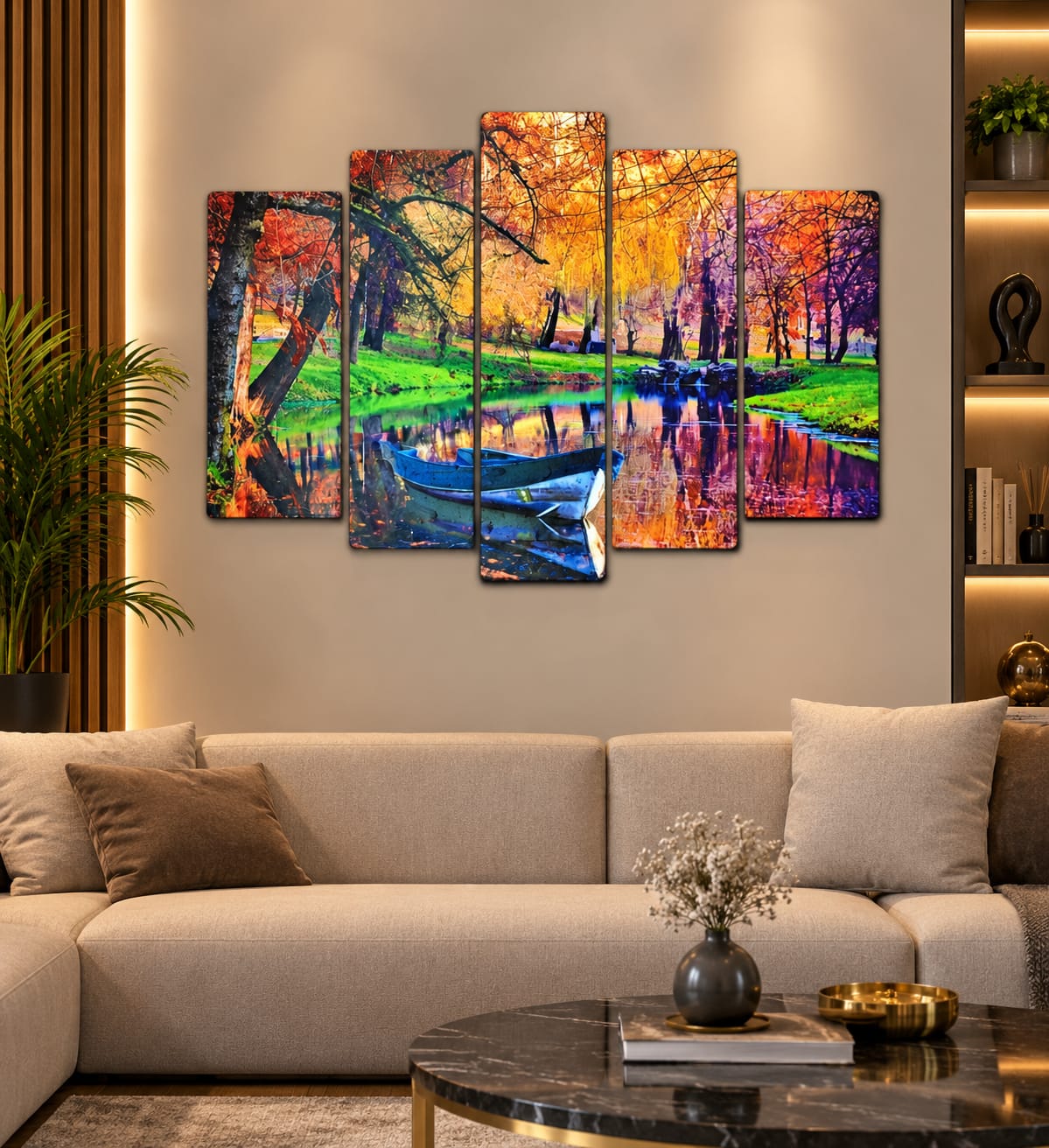 🍂 Sonbahar Gölü – 5 Parçalı MDF Tablo (70 cm x 100 cm)