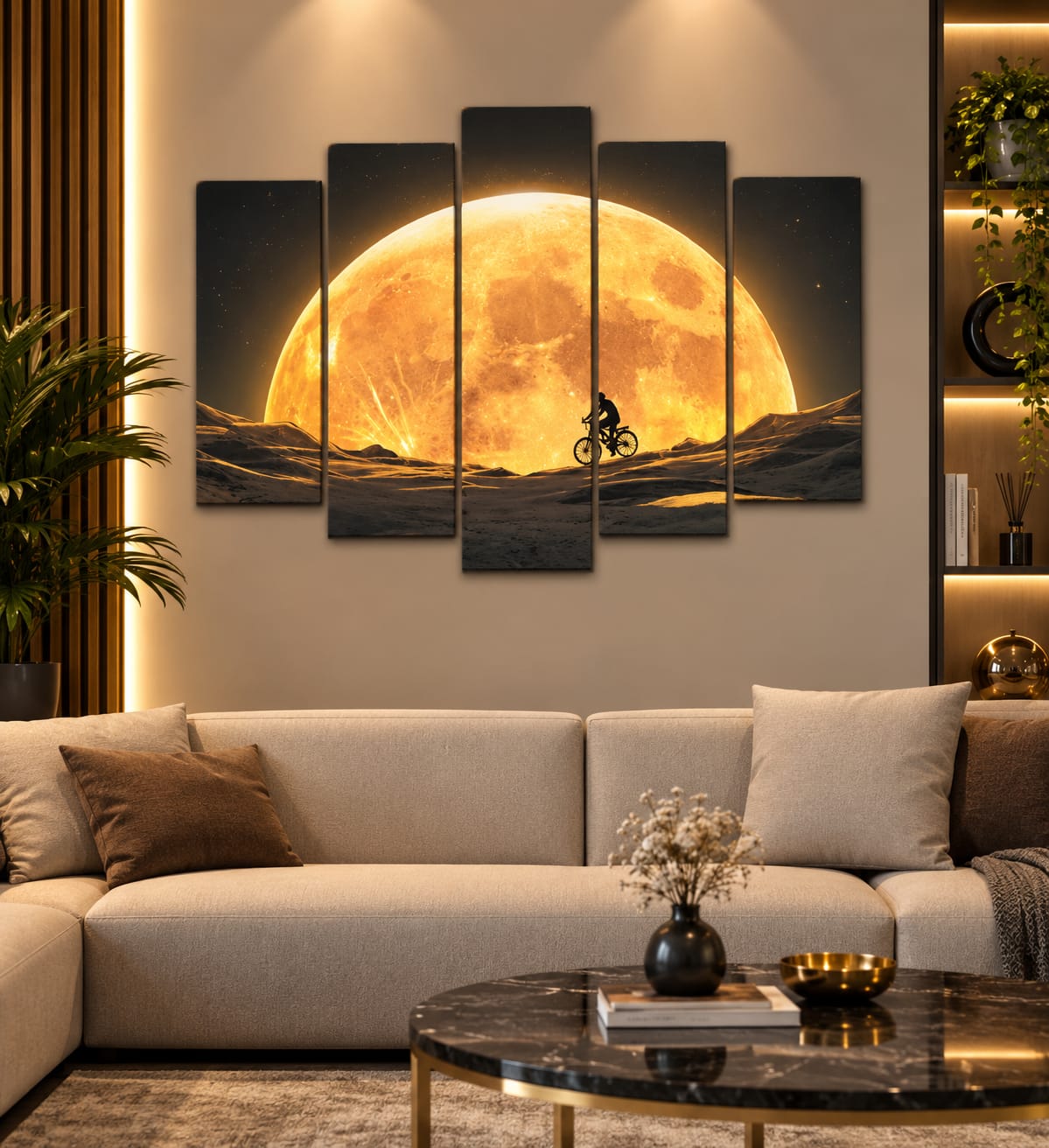 🚴 Altın Ay Yolculuğu – 5 Parçalı MDF Tablo (70 cm x 100 cm)