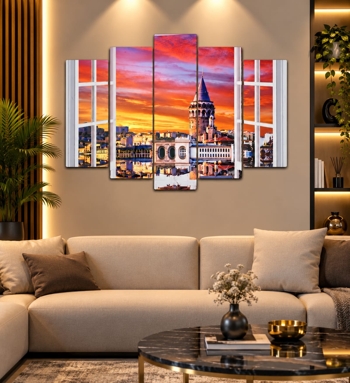 🌇 Galata’da Gün Batımı – 5 Parçalı MDF Tablo (70 cm x 100 cm)