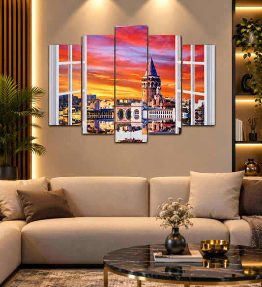 🌇 Galata’da Gün Batımı – 5 Parçalı MDF Tablo (70 cm x 100 cm)