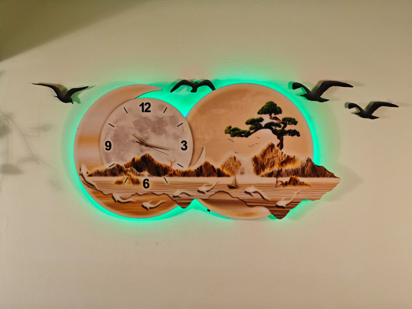 Ay Formlu Saat Detaylı Işıklı Altın Tonlu Doğa Manzarası Duvar Tablosu (100 cm x 60 cm) – Bluetooth Hoparlör-WA-10004-2D