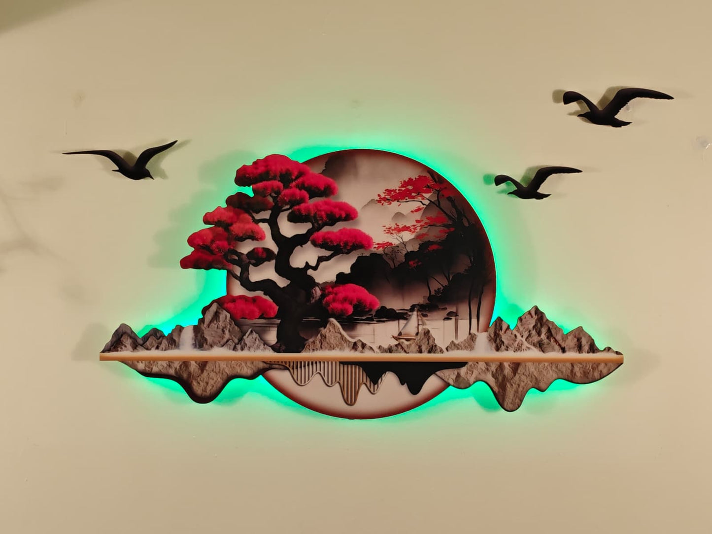 Kırmızı bonsai ağacı Detaylı Işıklı Dağ Manzarası Duvar Tablosu (108 cm × 53 cm) – Bluetooth Hoparlör-WA-10056-2D