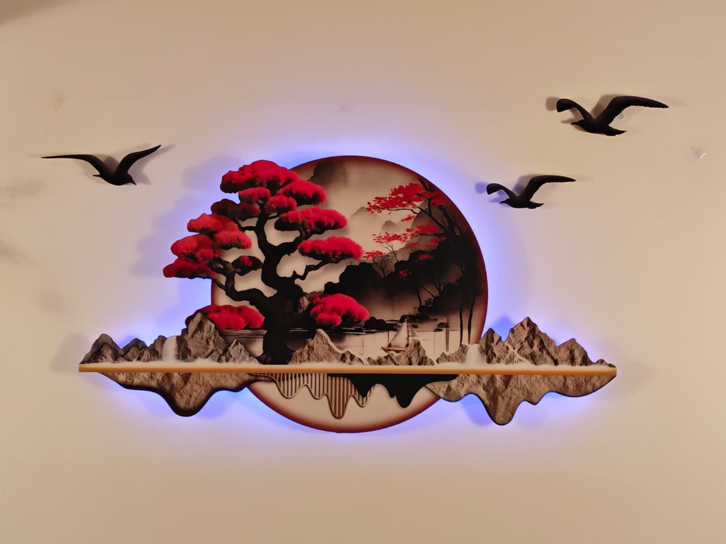 Kırmızı bonsai ağacı Detaylı Işıklı Dağ Manzarası Duvar Tablosu (108 cm × 53 cm) – Bluetooth Hoparlör-WA-10056-2D