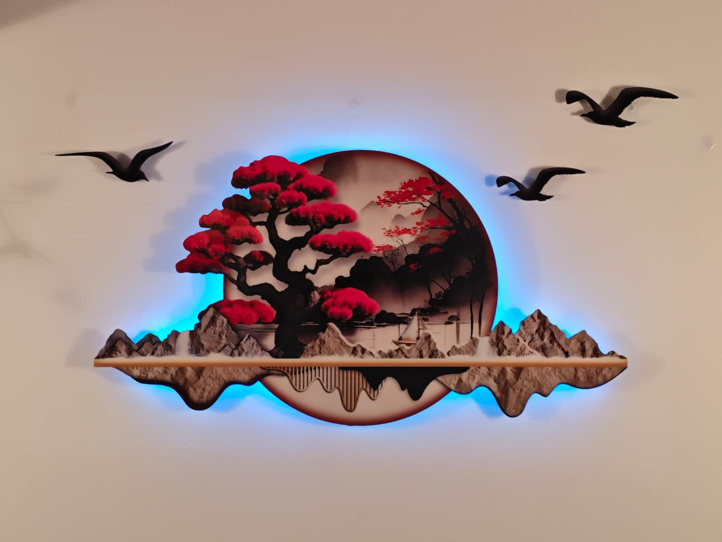 Kırmızı bonsai ağacı Detaylı Işıklı Dağ Manzarası Duvar Tablosu (108 cm × 53 cm) – Bluetooth Hoparlör-WA-10056-2D