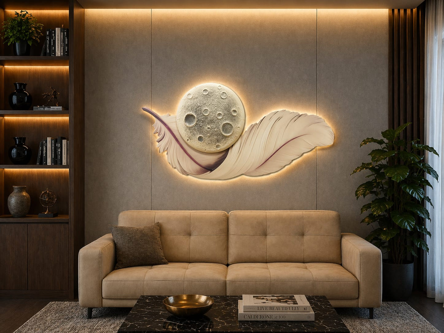 Ay Tüyü LED Duvar Sanatı (70×150 cm) – Bluetooth Hoparlör