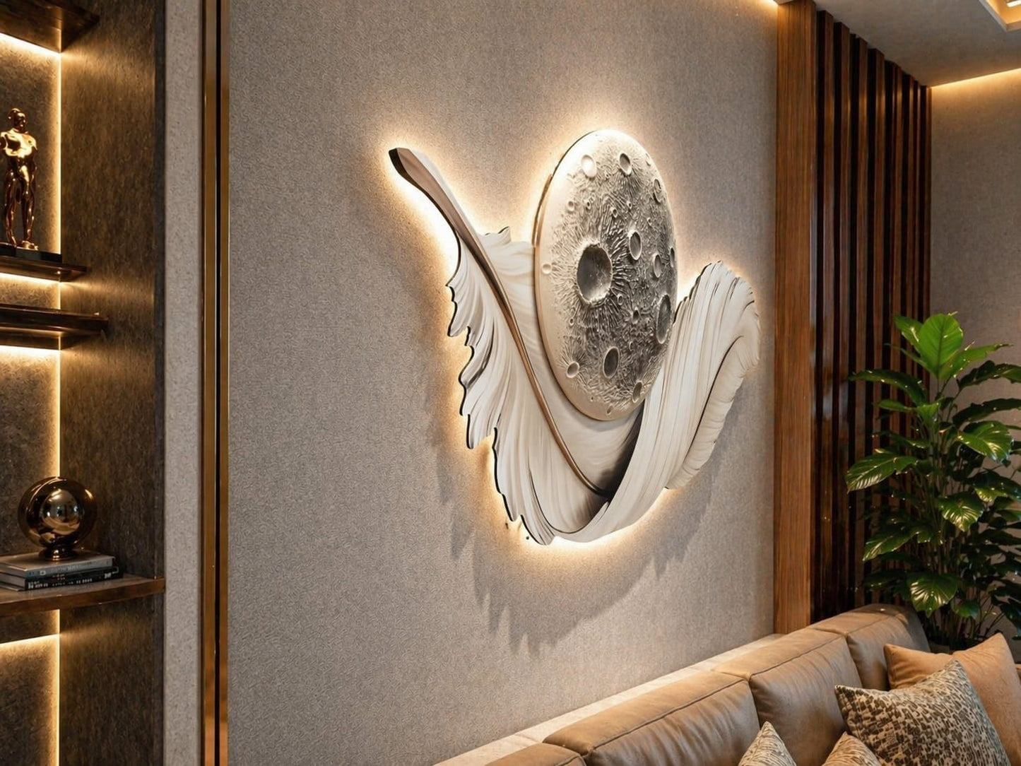 Ay Tüyü LED Duvar Sanatı (70×150 cm) – Bluetooth Hoparlör
