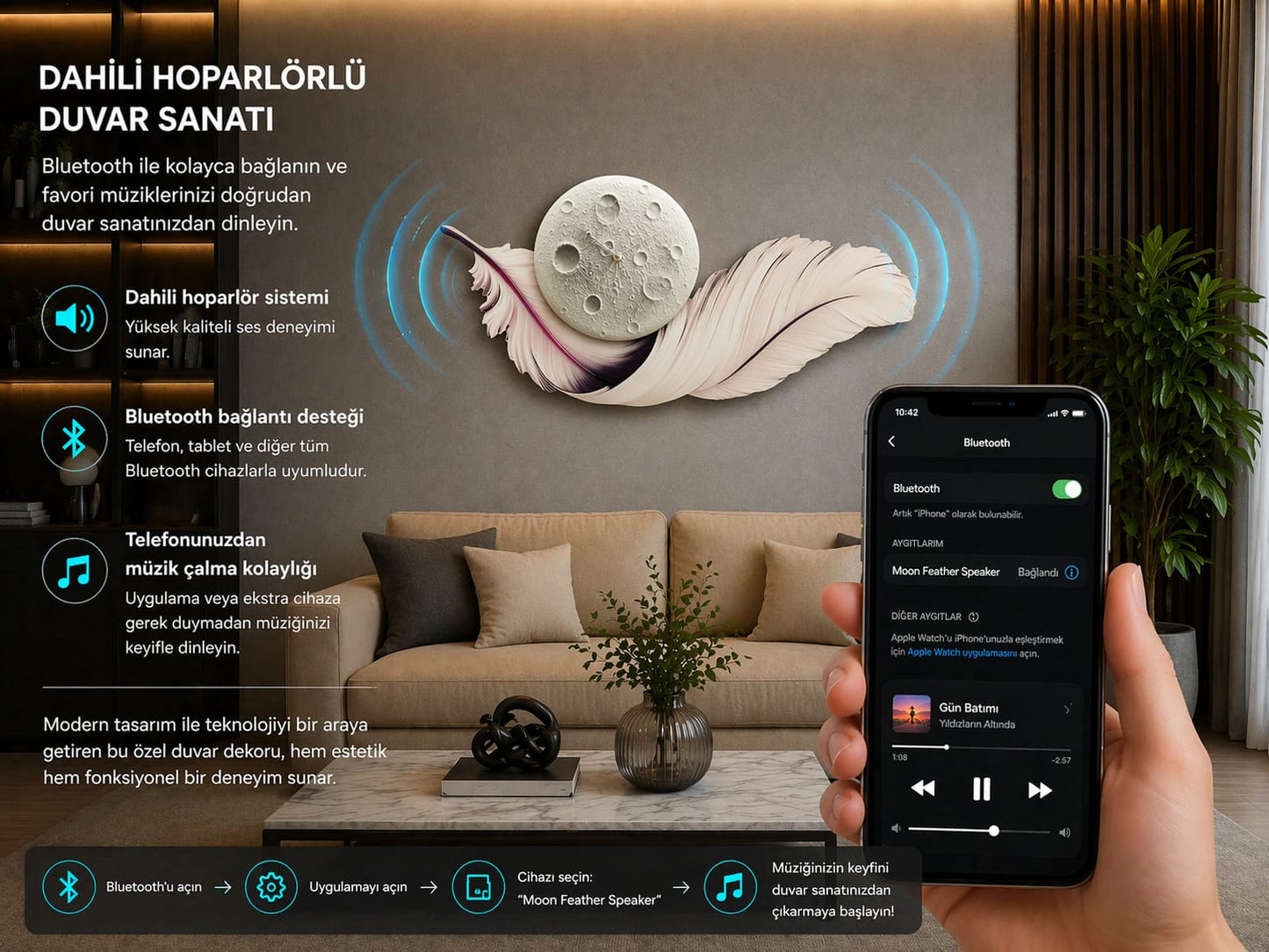 Ay Tüyü LED Duvar Sanatı (70×150 cm) – Bluetooth Hoparlör