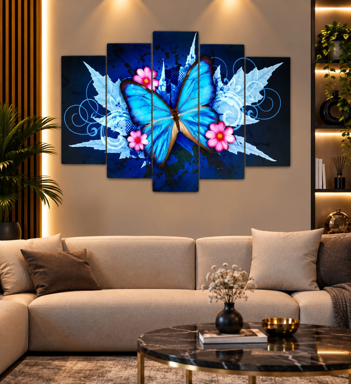 Mavi Kelebek Bahçesi – 5 Parçalı MDF Tablo (70 cm x 100 cm)