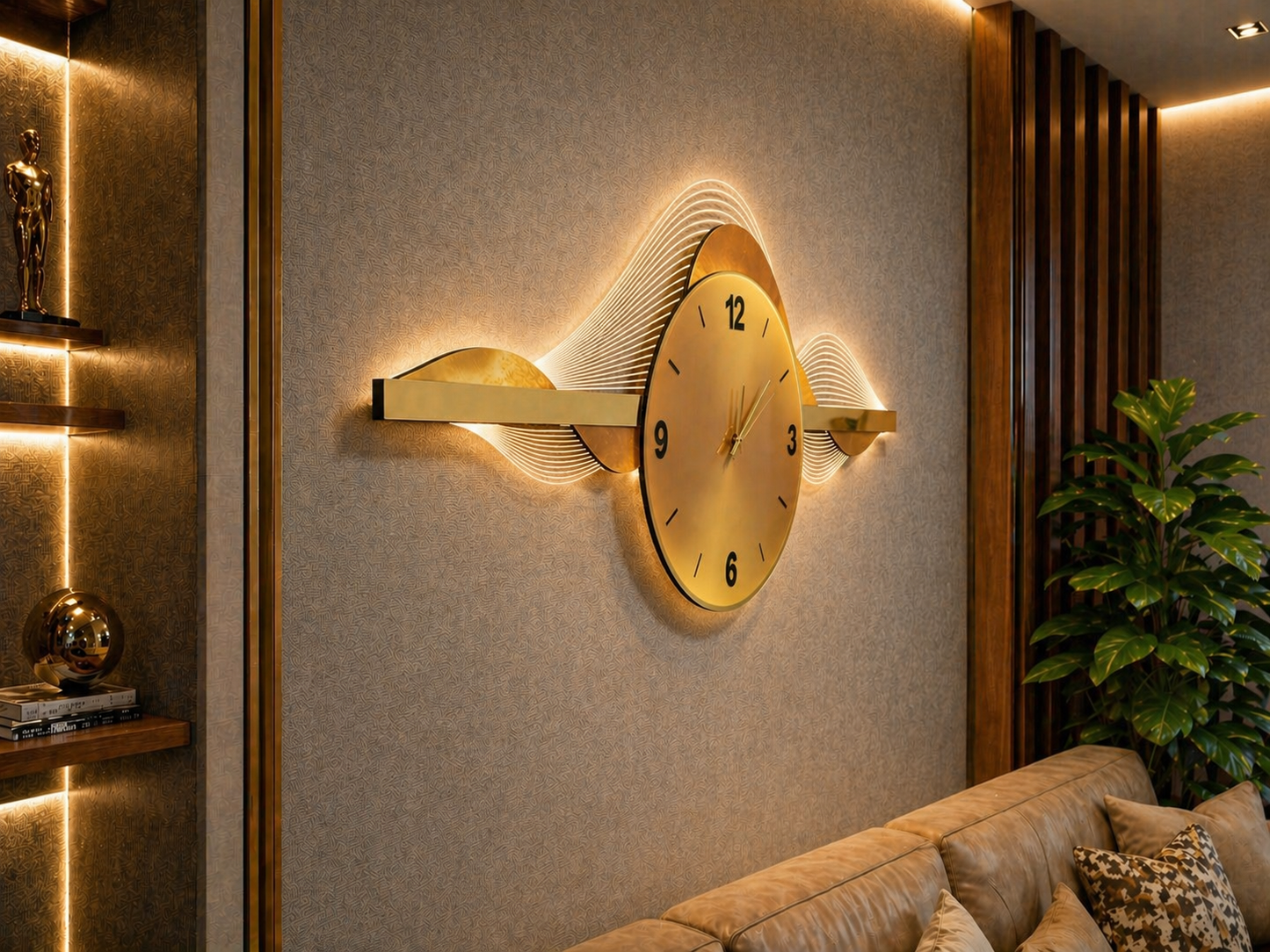 Altın Dalga LED Duvar Saati (65×150 cm)