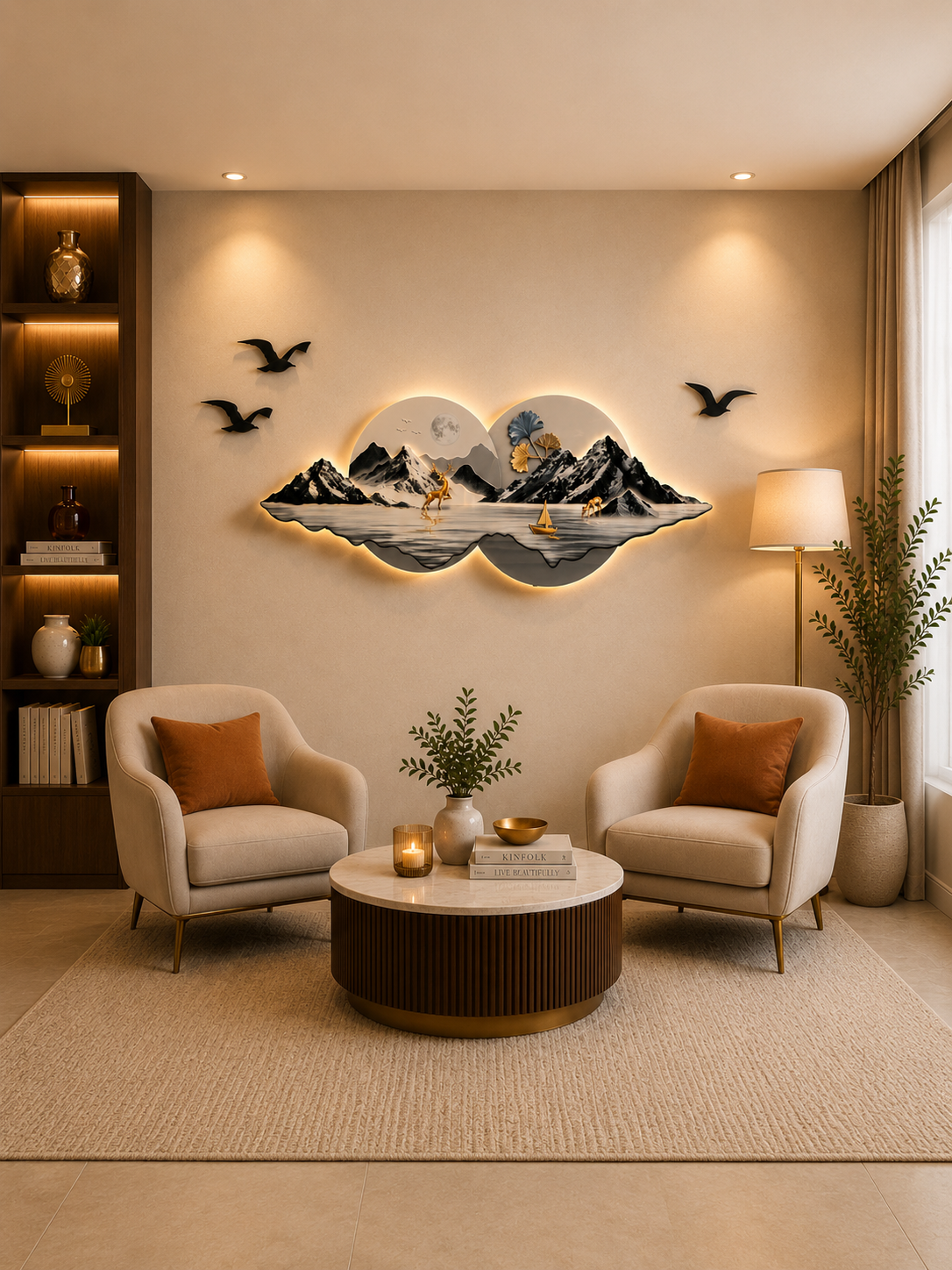 Ay Işığı Temalı Işıklı Dağ ve Göl Manzarası Duvar Tablosu (130 cm × 52 cm)