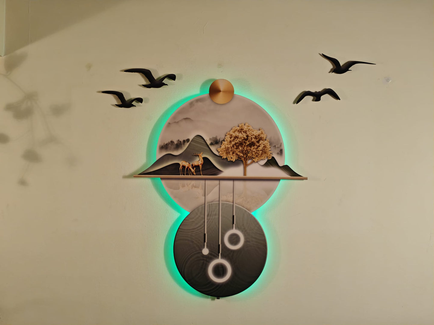 Bonsai ağacı ve Geyik Figürlü Asma Işık Detaylı Dekoratif Duvar Tablosu (90 cm × 90 cm)