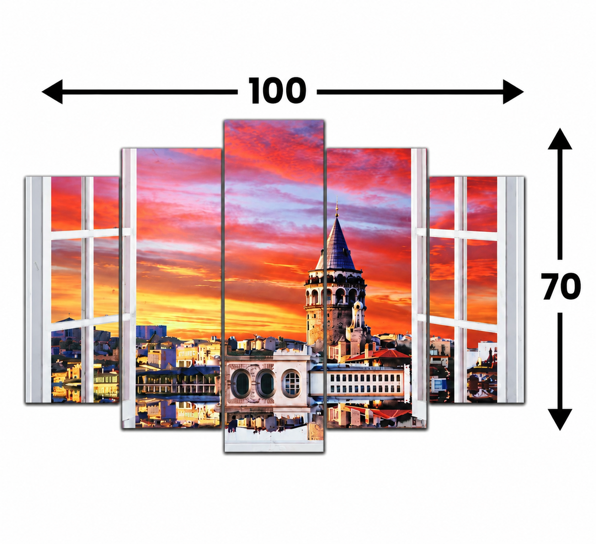 🌇 Galata’da Gün Batımı – 5 Parçalı MDF Tablo (70 cm x 100 cm)