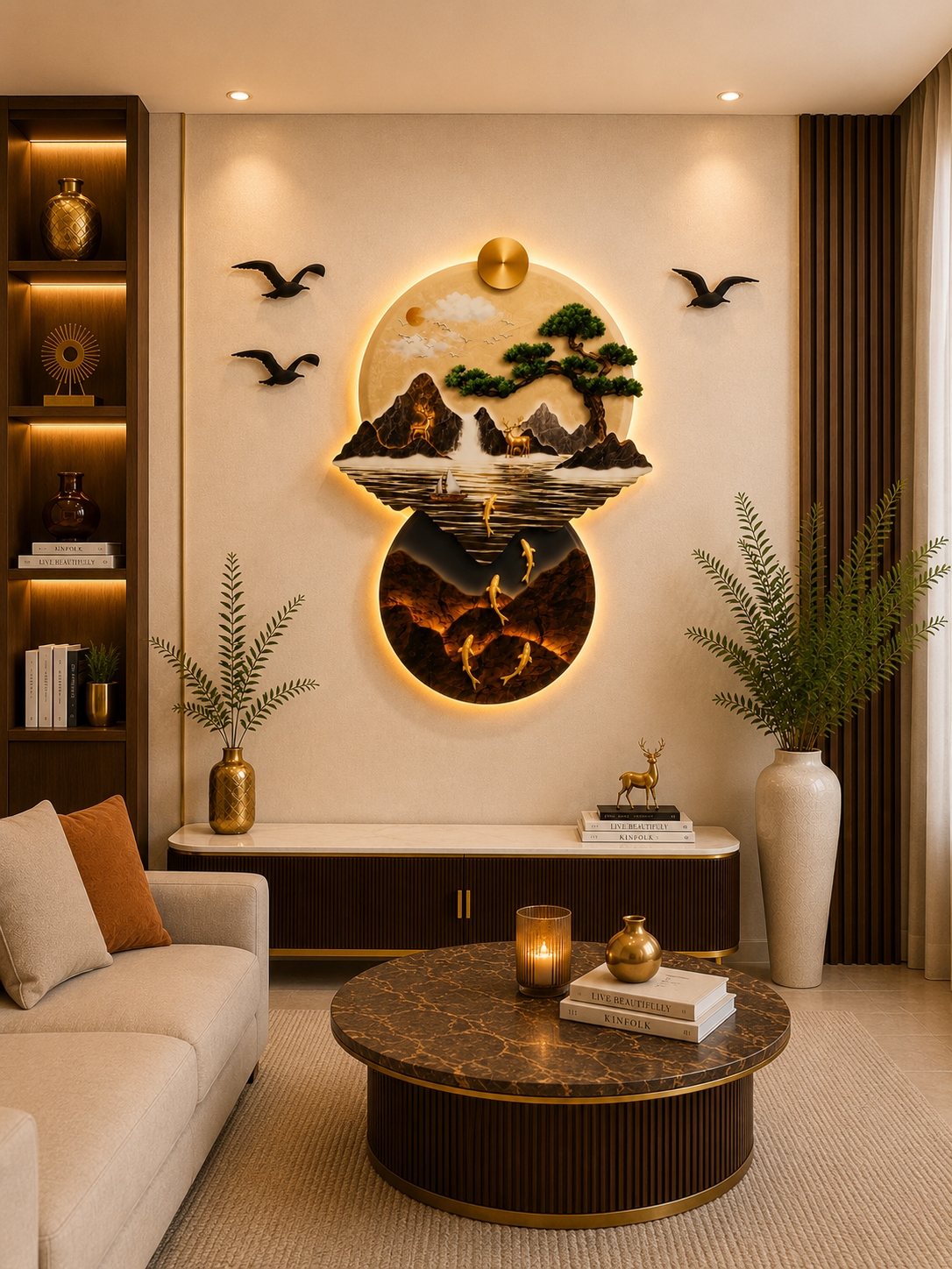 Bulut ve Şelale Detaylı Altın Balık Figürlü Klasik Işıklı Duvar Tablosu (82 cm × 97 cm)