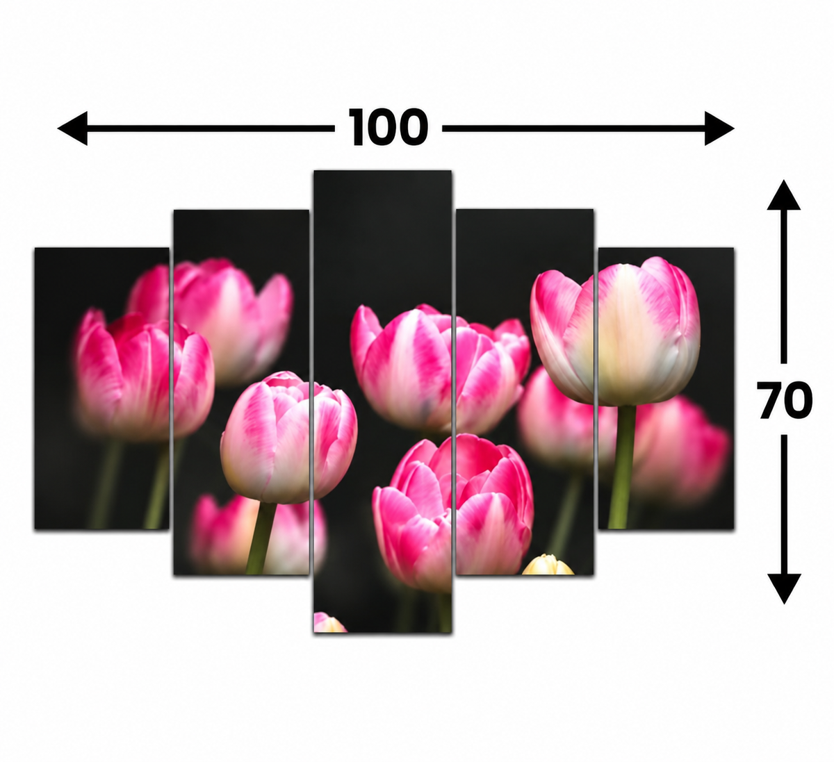 🌷 Pembe Laleler – 5 Parçalı MDF Tablo (70 cm x 100 cm)
